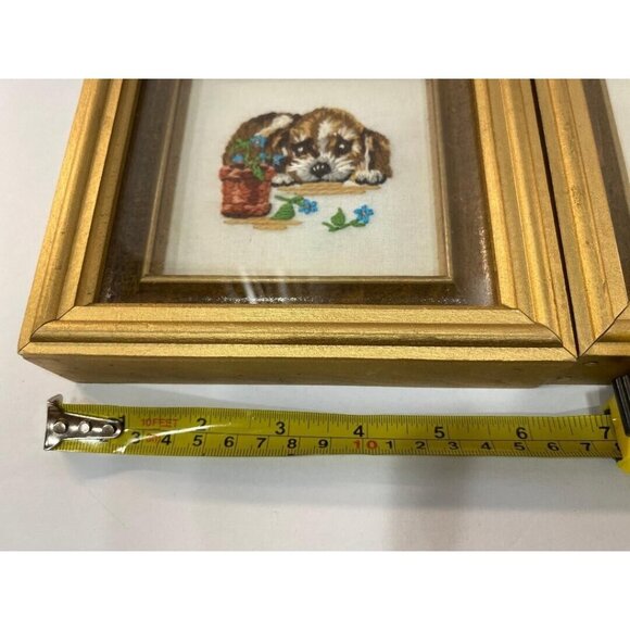 Adorable Vintage Puppy Dog Kitten Cat Shadow Box Framed Needlework Art Handmade - Picture 5 of 6